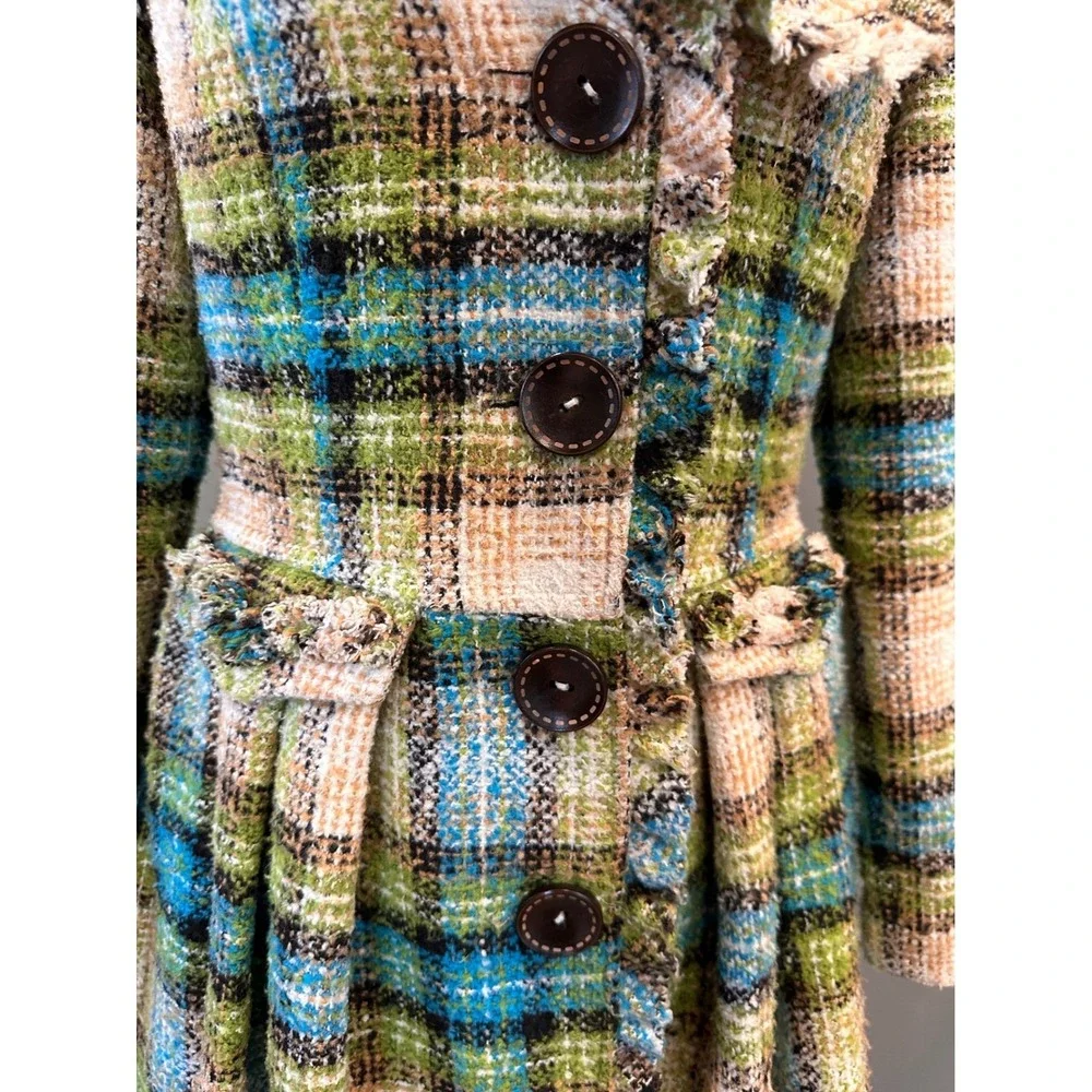 Anthropologie Nick &‎ Mo Retro Tweed Plaid Wool Flare Coat Small Fringed Boho